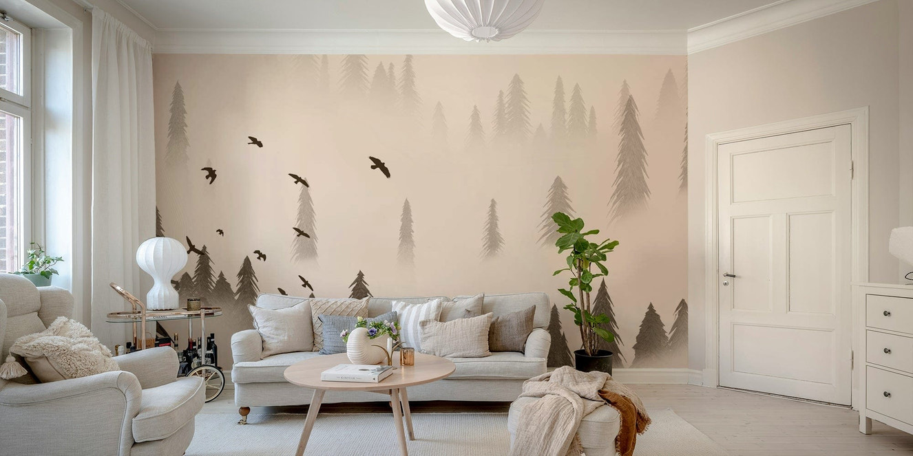 Sepia forest wallpaper with flying birds