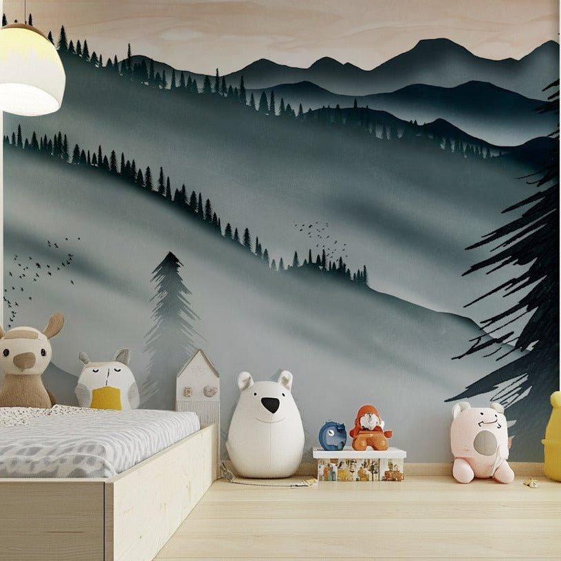 Misty mountain forest wallpaper with birds GD088