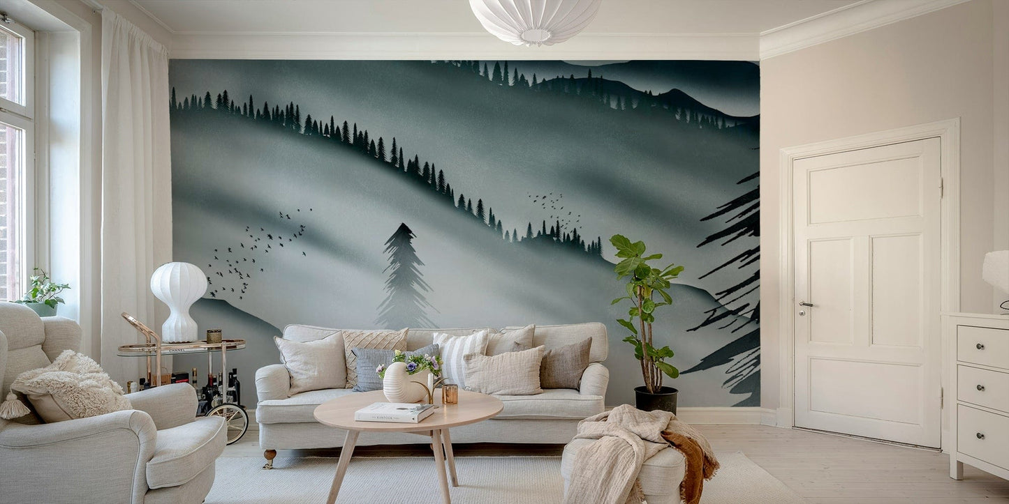 Forest mural wallpaper with layered hills GD088
