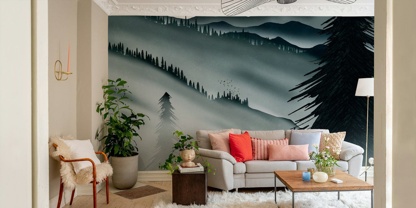 Blue-toned forest wall mural with layers

