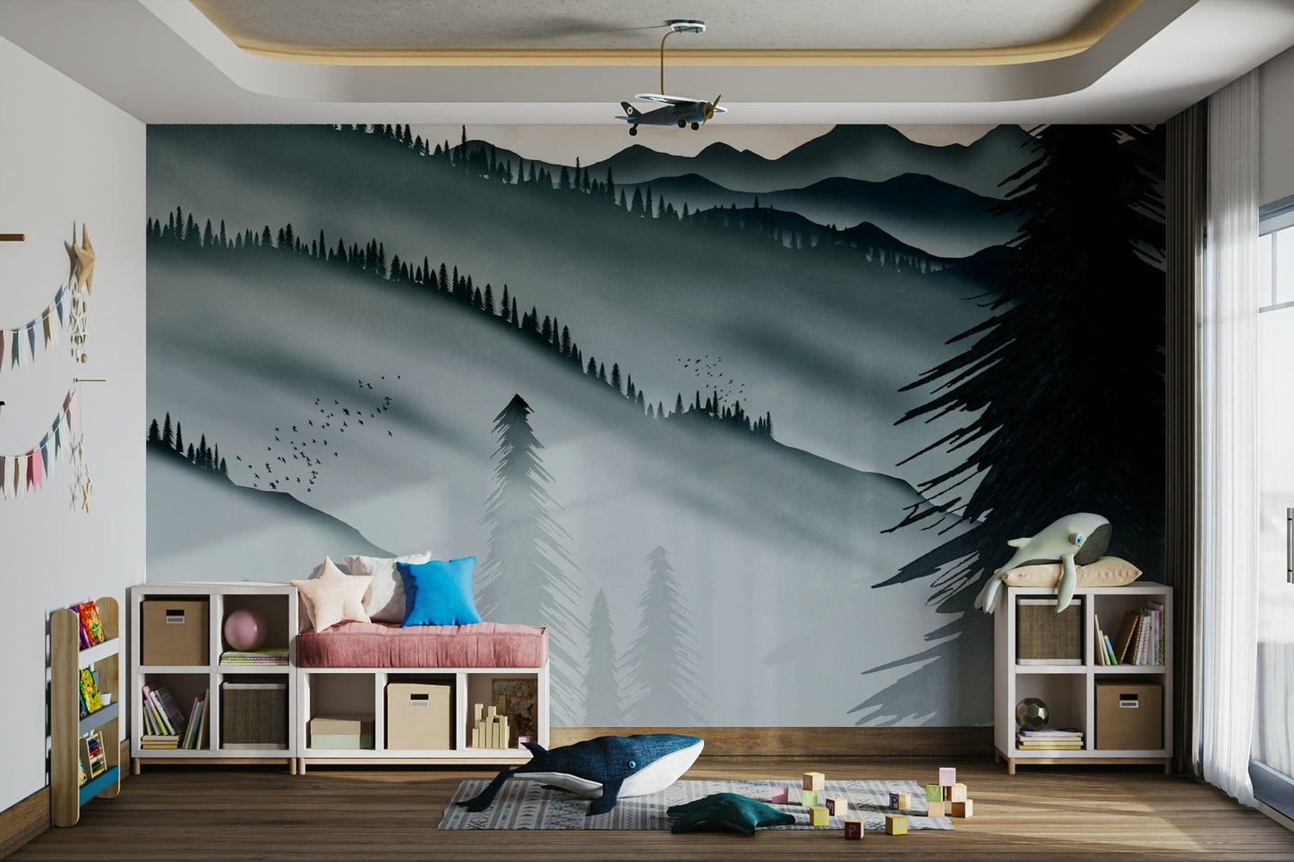 Mountain pine forest wallpaper in greys