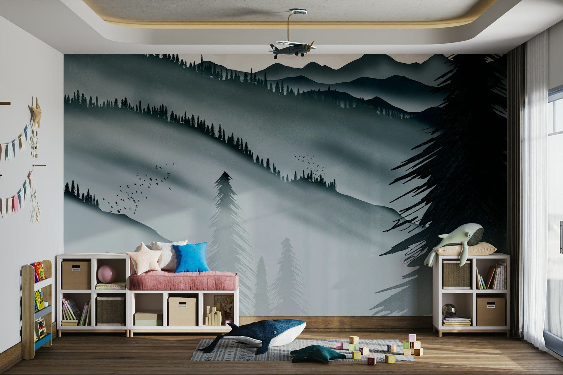 Mountain pine forest wallpaper in greys