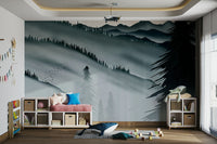 Mountain pine forest wallpaper in greys