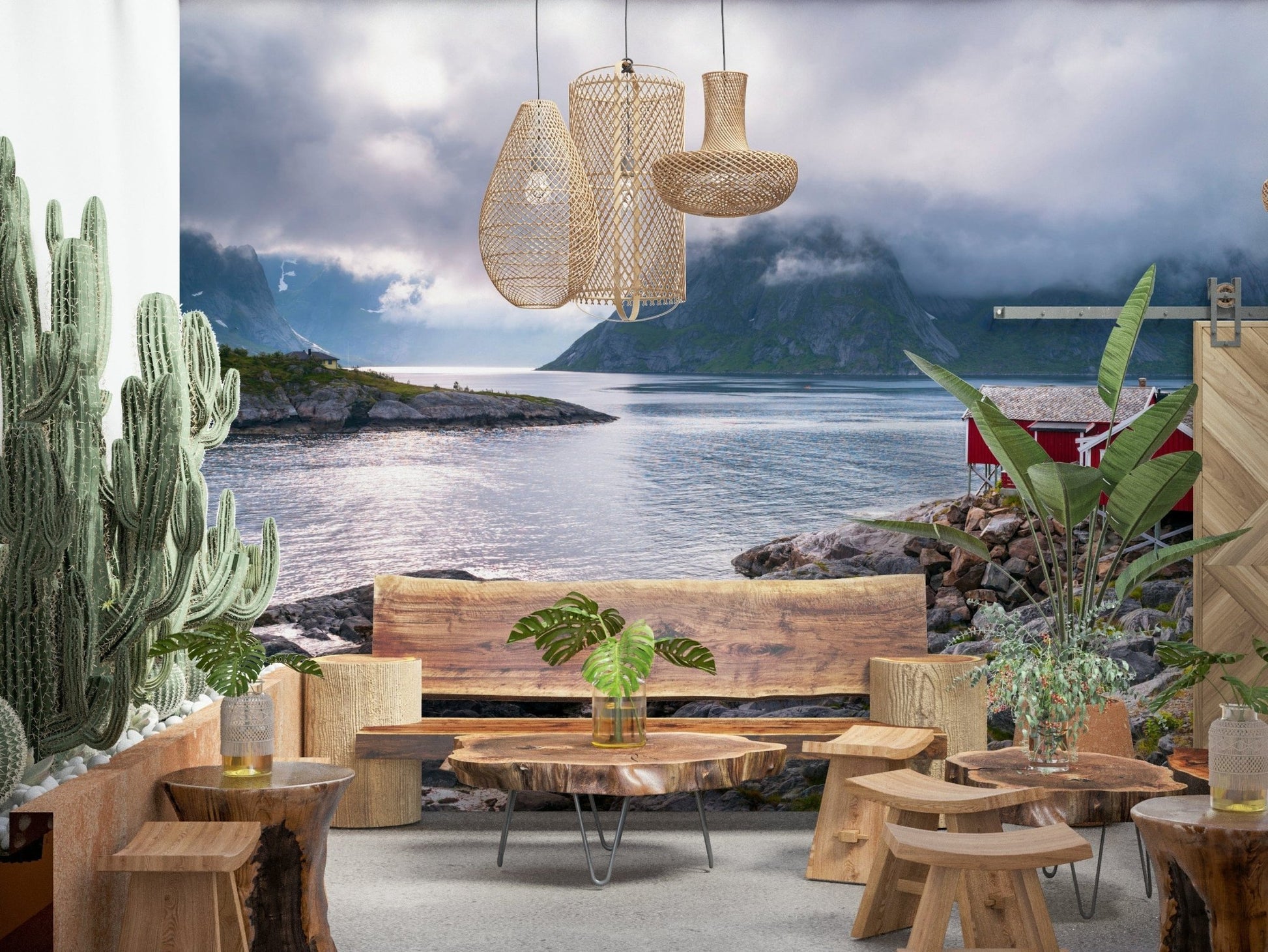 Reflective fjord water surface in Norwegian Fjord peel and stick wallpaper.