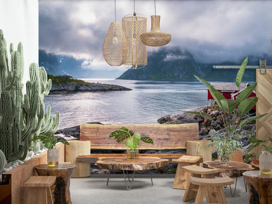 Reflective fjord water surface in Norwegian Fjord peel and stick wallpaper.