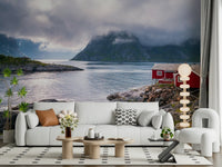 Jagged mountain peaks view on Norwegian Fjord wallpaper for walls.