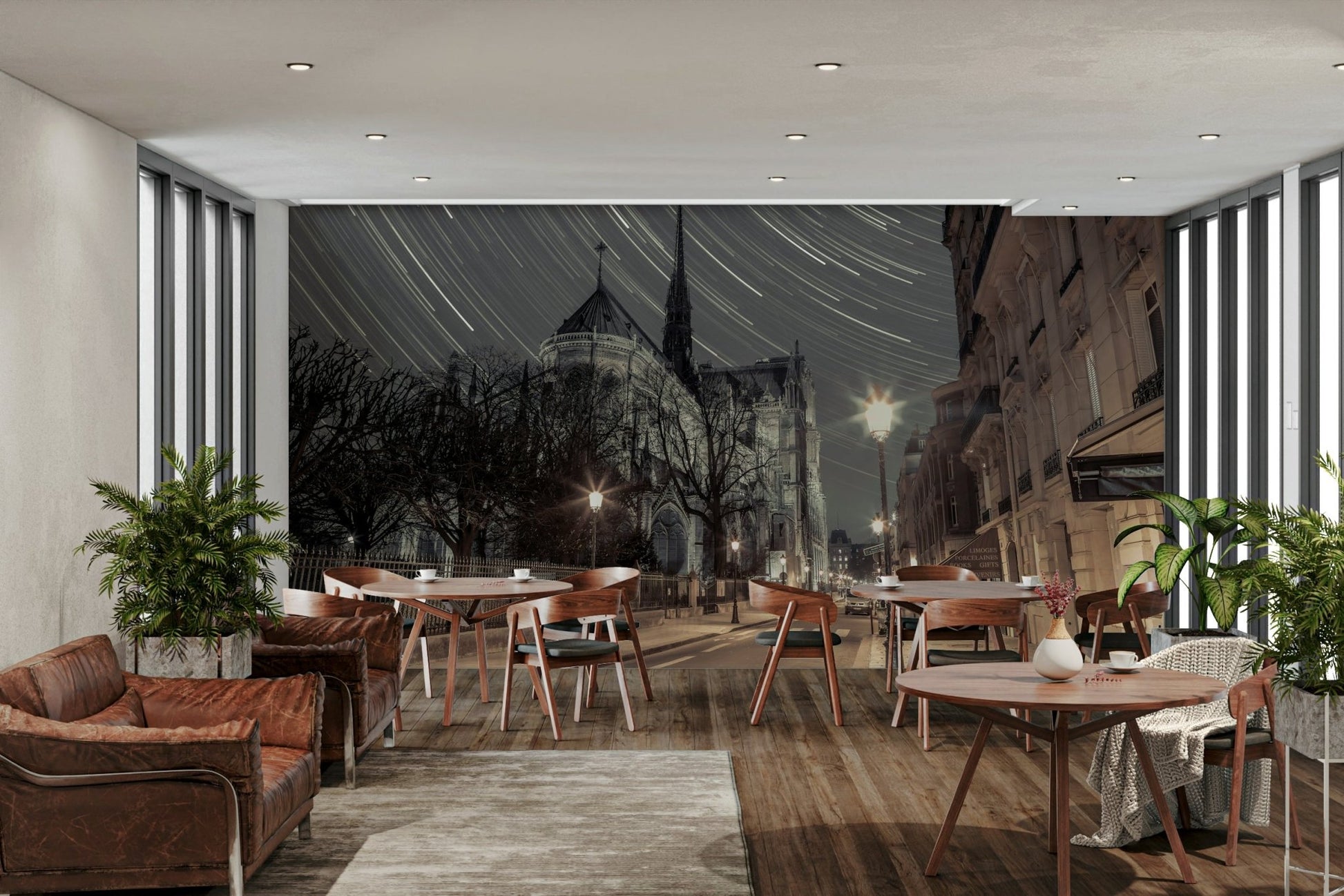 European city view on a wall.

