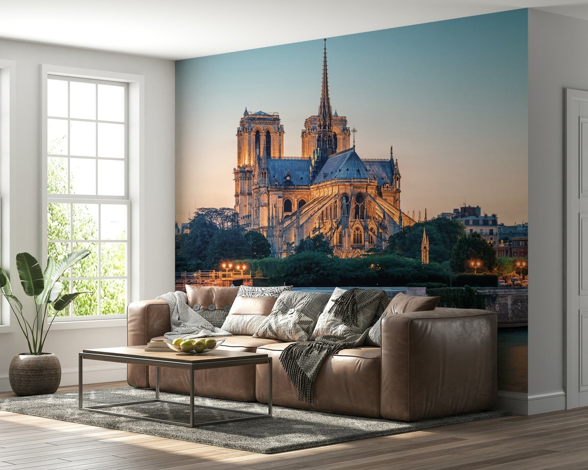 Cozy sitting room featuring Notre Dame Serenity Wall Mural and dusk river scenery