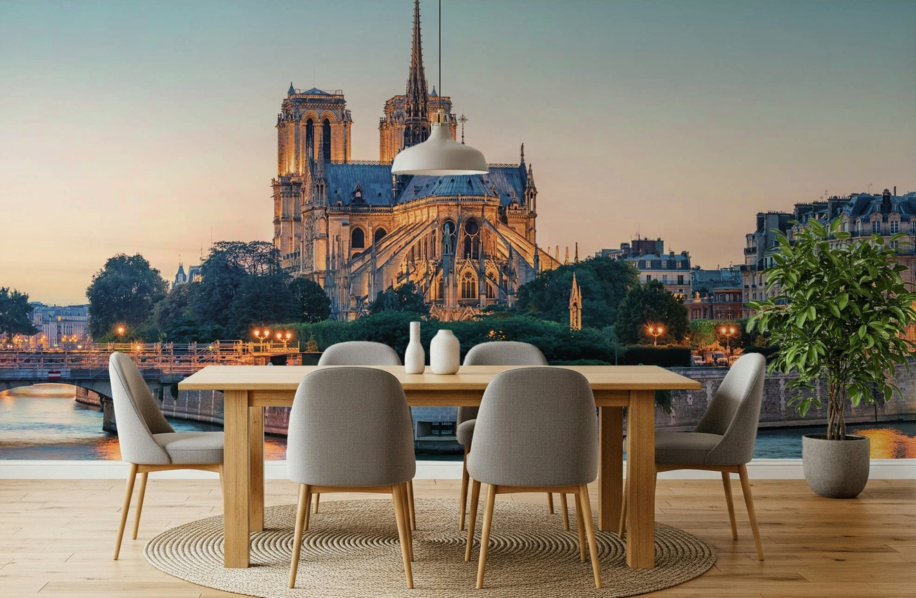 Dining area with Notre Dame Serenity Wall Mural and a refined Paris skyline scene