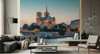 Modern living room with Notre Dame Serenity Wall Mural and evening skyline depth
