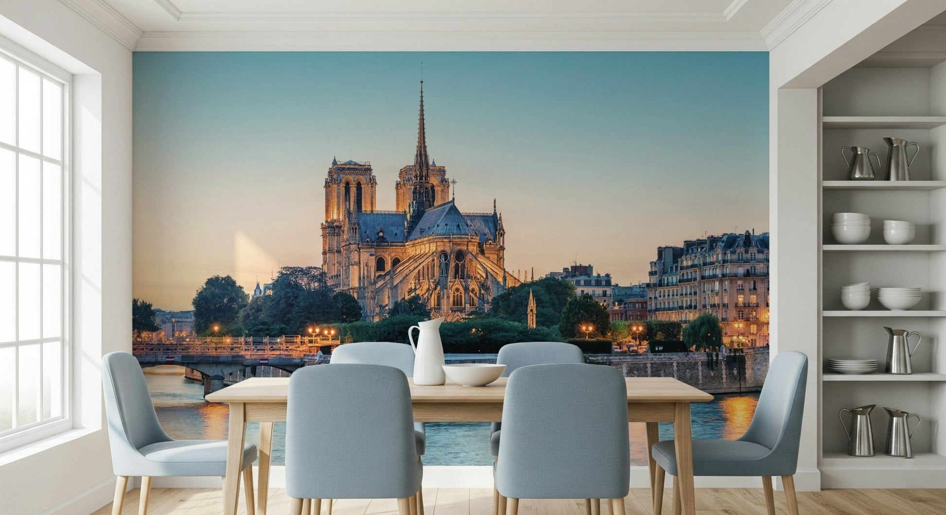 Dining room framed by Notre Dame Serenity Wall Mural in soft twilight tones