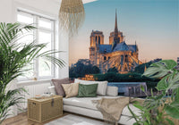 Sunlit lounge paired with Notre Dame Serenity Wall Mural and historic Paris charm