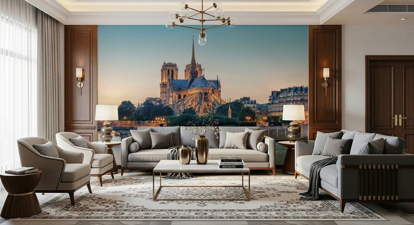 Living room with Notre Dame Serenity Wall Mural and a warm Paris evening skyline