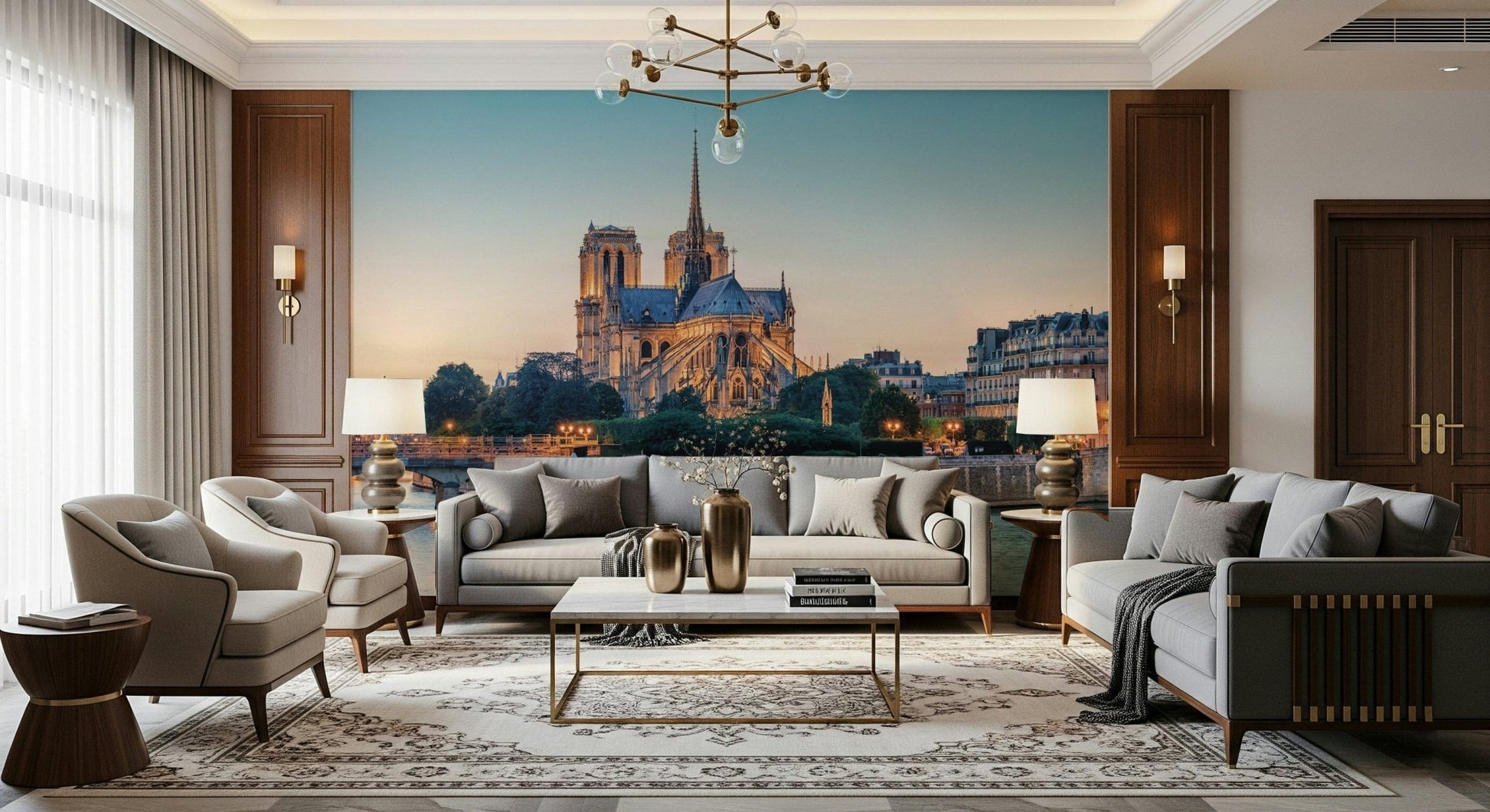 Living room with Notre Dame Serenity Wall Mural and a warm Paris evening skyline