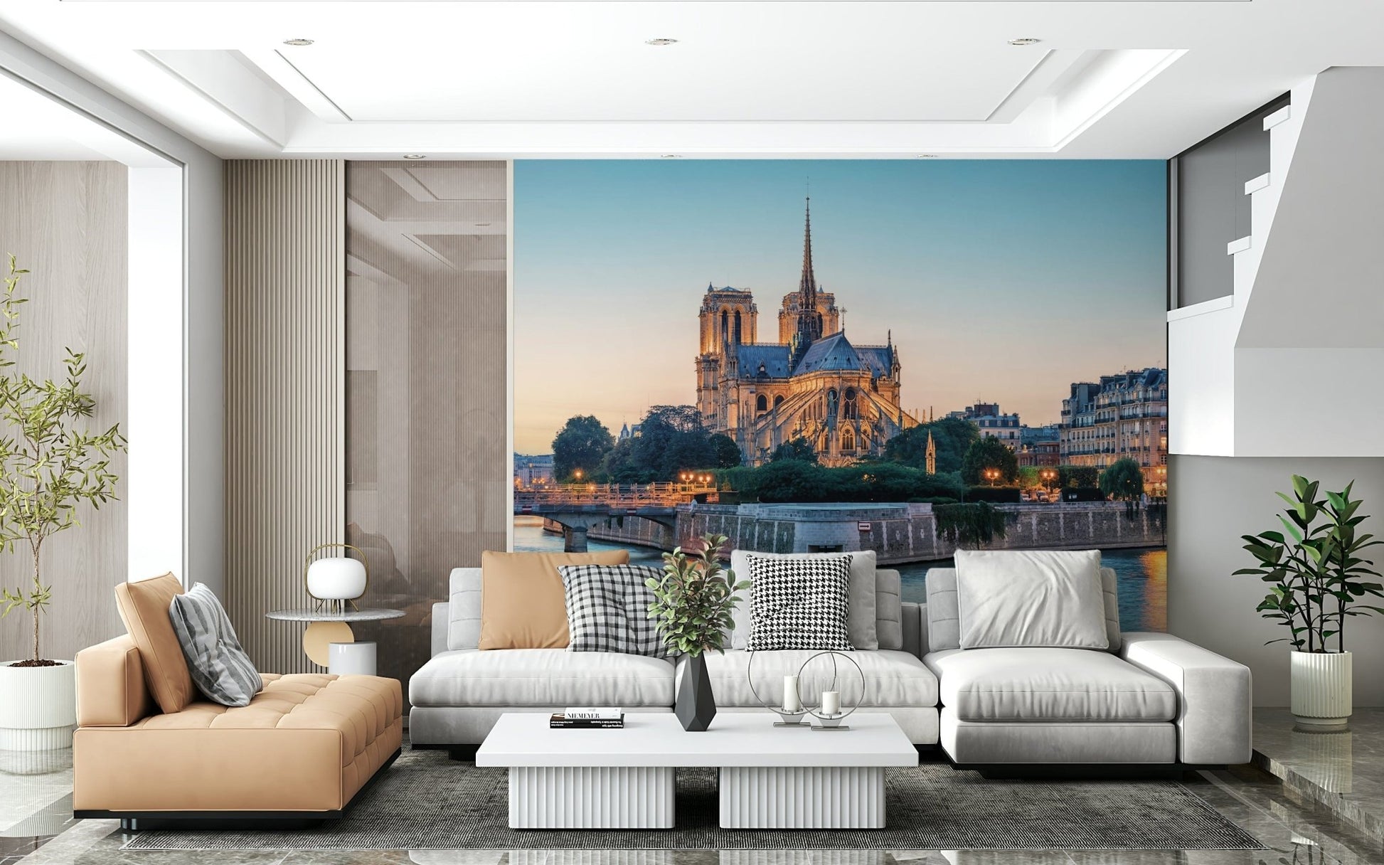 Bright lounge styled with Notre Dame Serenity Wall Mural and calm riverside glow