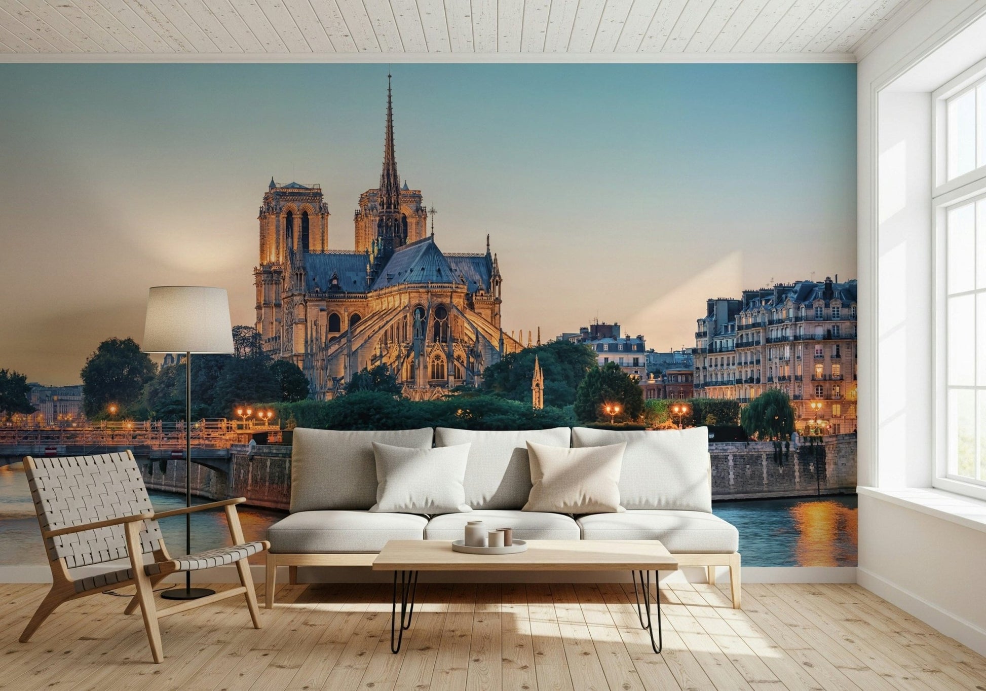 Open sitting area showing Notre Dame Serenity Wall Mural with serene riverside detail