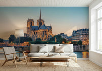 Open sitting area showing Notre Dame Serenity Wall Mural with serene riverside detail