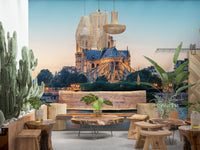 Rustic living space with Notre Dame Serenity Wall Mural and cathedral skyline view