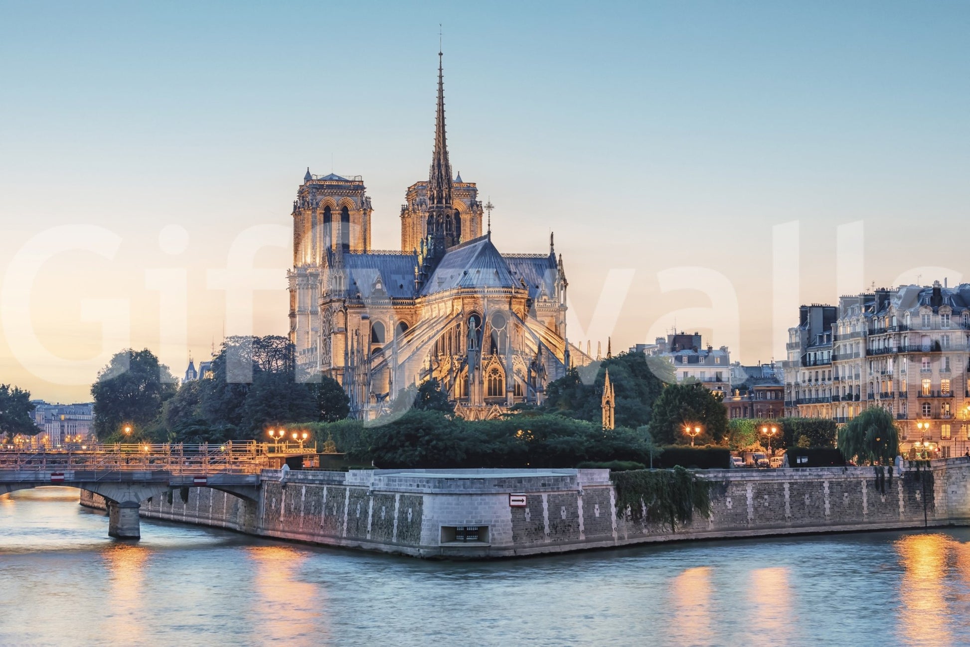 Close-up of Notre Dame Serenity Wall Mural with cathedral view above calm water