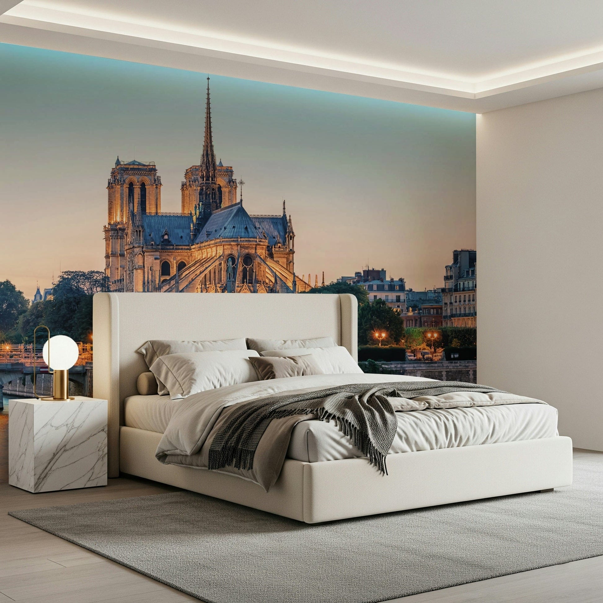 Bedroom backdrop using Notre Dame Serenity Wall Mural with peaceful city light