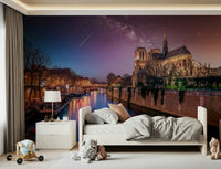 Architectural awe Notre-Dame Starry Night peel and stick wall mural.