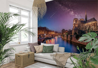Celestial view Notre-Dame Starry Night wallpaper shooting star