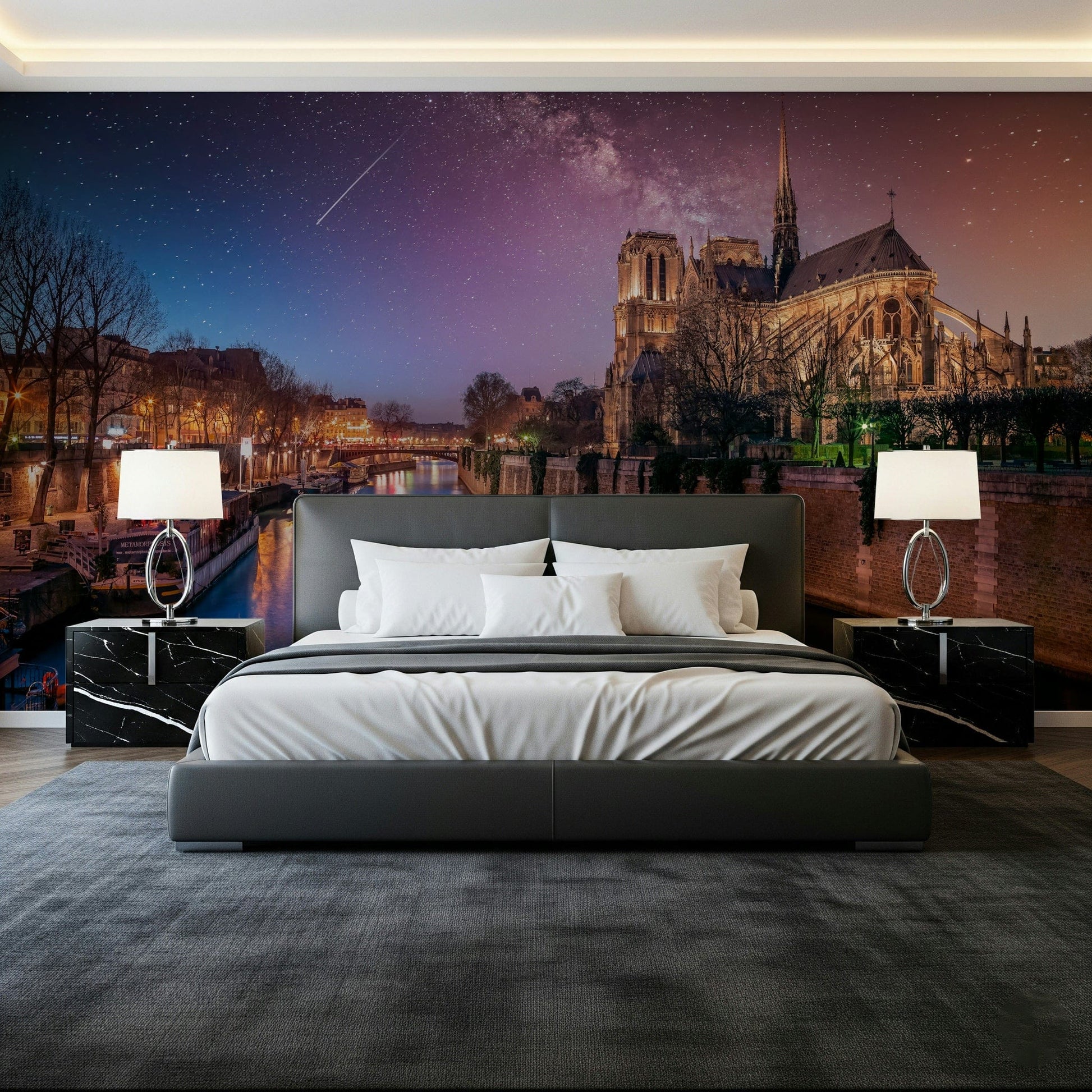 Illuminated Notre-Dame Starry Night wall mural deep blue water