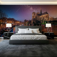 Illuminated Notre-Dame Starry Night wall mural deep blue water
