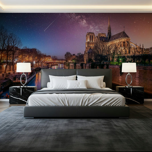 Illuminated Notre-Dame Starry Night wall mural deep blue water