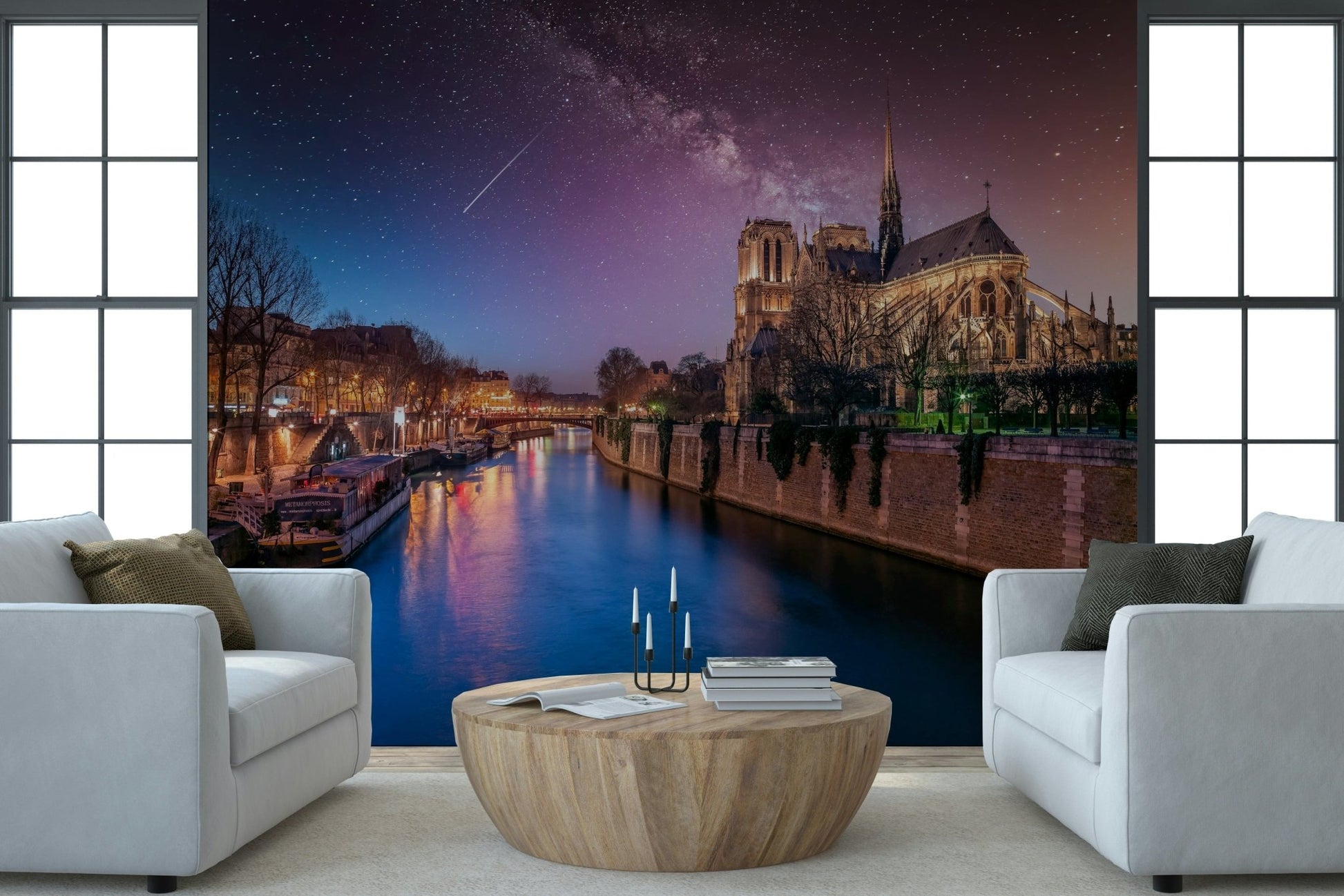 Romantic evening Notre-Dame Starry Night wallpaper decor backdrop