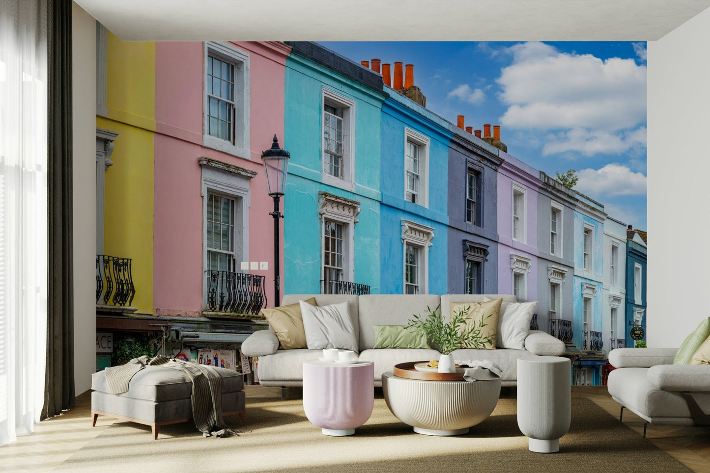 Row of colorful townhouses
