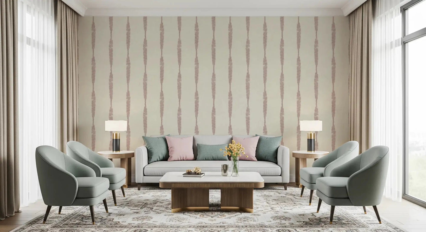 Blush pink textured wallpaper with worn-in stripe design
