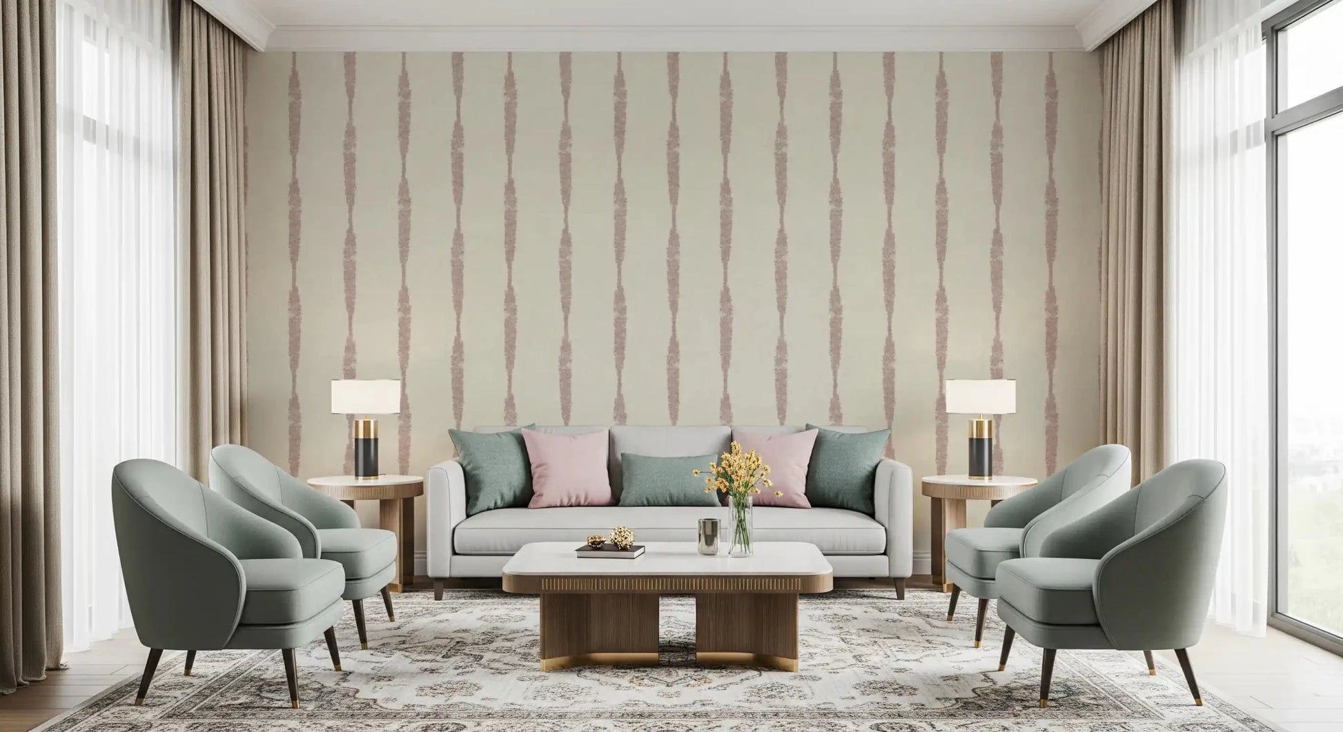 Blush pink textured wallpaper with worn-in stripe design
