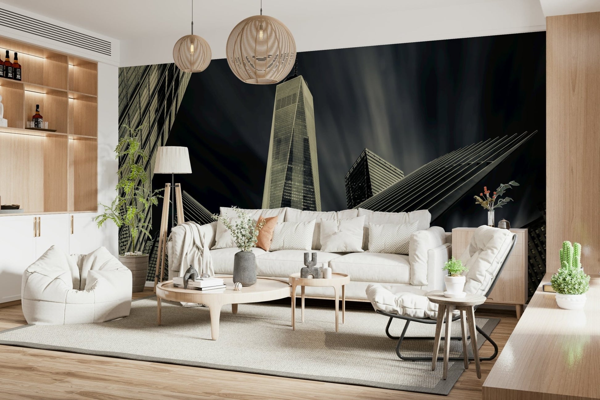 A serene subtle cityscape wall mural for sophisticated decor.