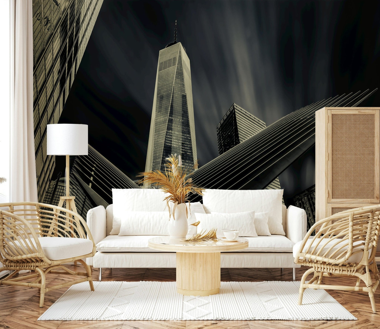 A beautiful New York City skyline wallpaper mural emphasizing architectural drama in monochrome.