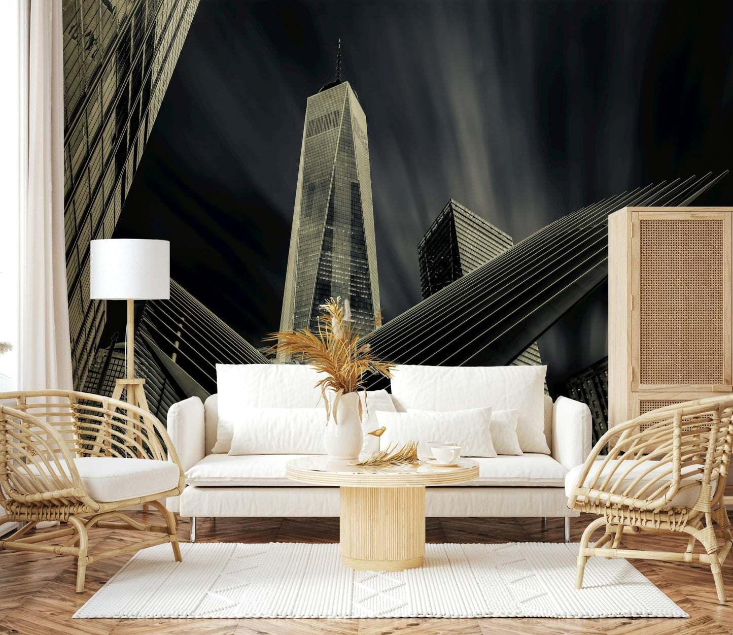 A beautiful New York City skyline wallpaper mural emphasizing architectural drama in monochrome.