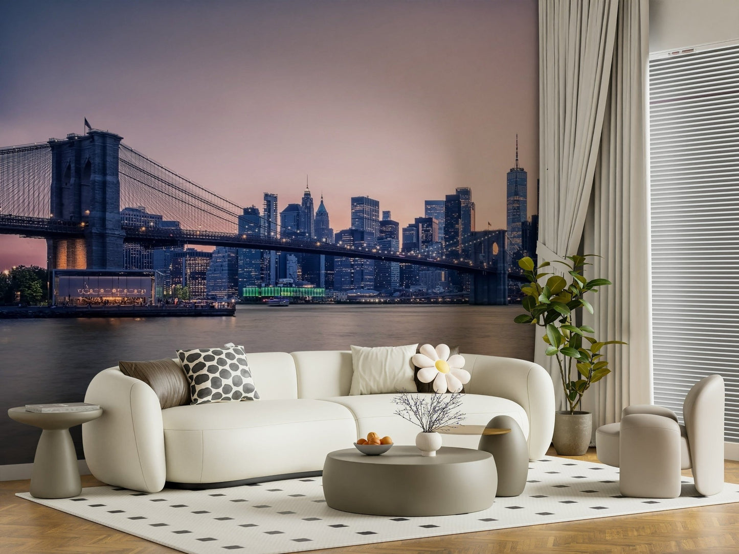NYC Bridge at Dusk Wall Mural pairs beautifully with this curved sofa and soft lighting