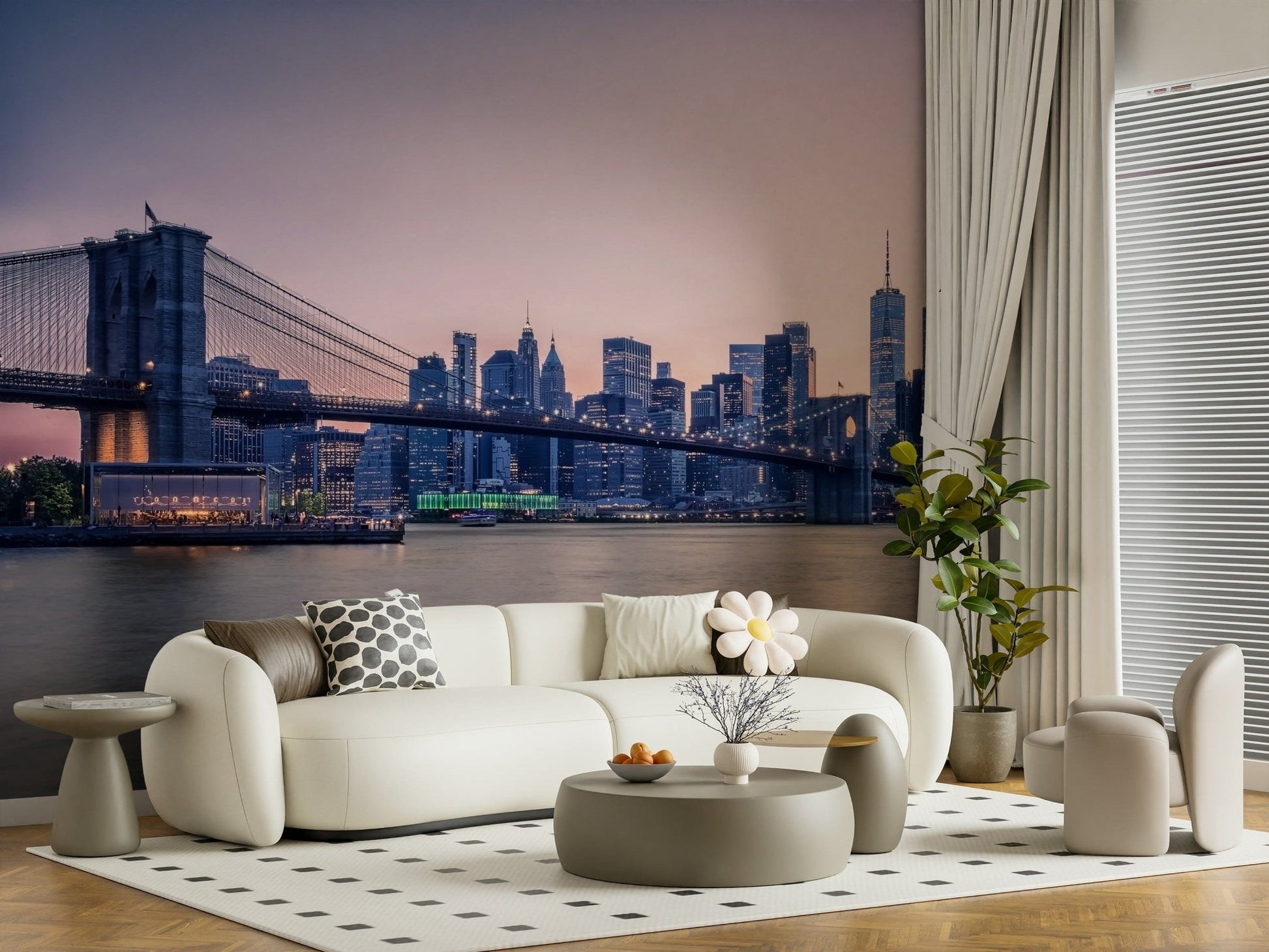 NYC Bridge at Dusk Wall Mural pairs beautifully with this curved sofa and soft lighting