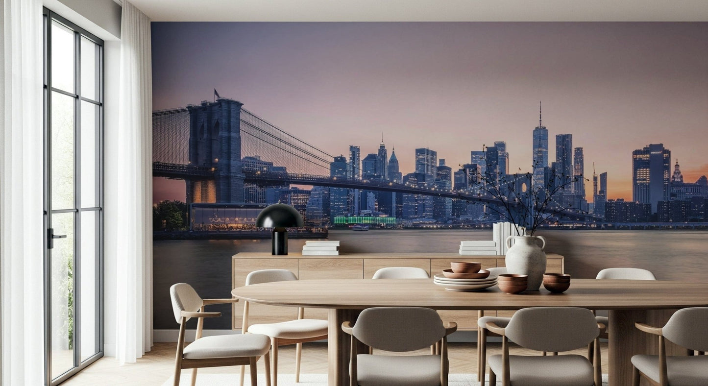 A clean dining setting gains skyline depth from NYC Bridge at Dusk Wall Mural