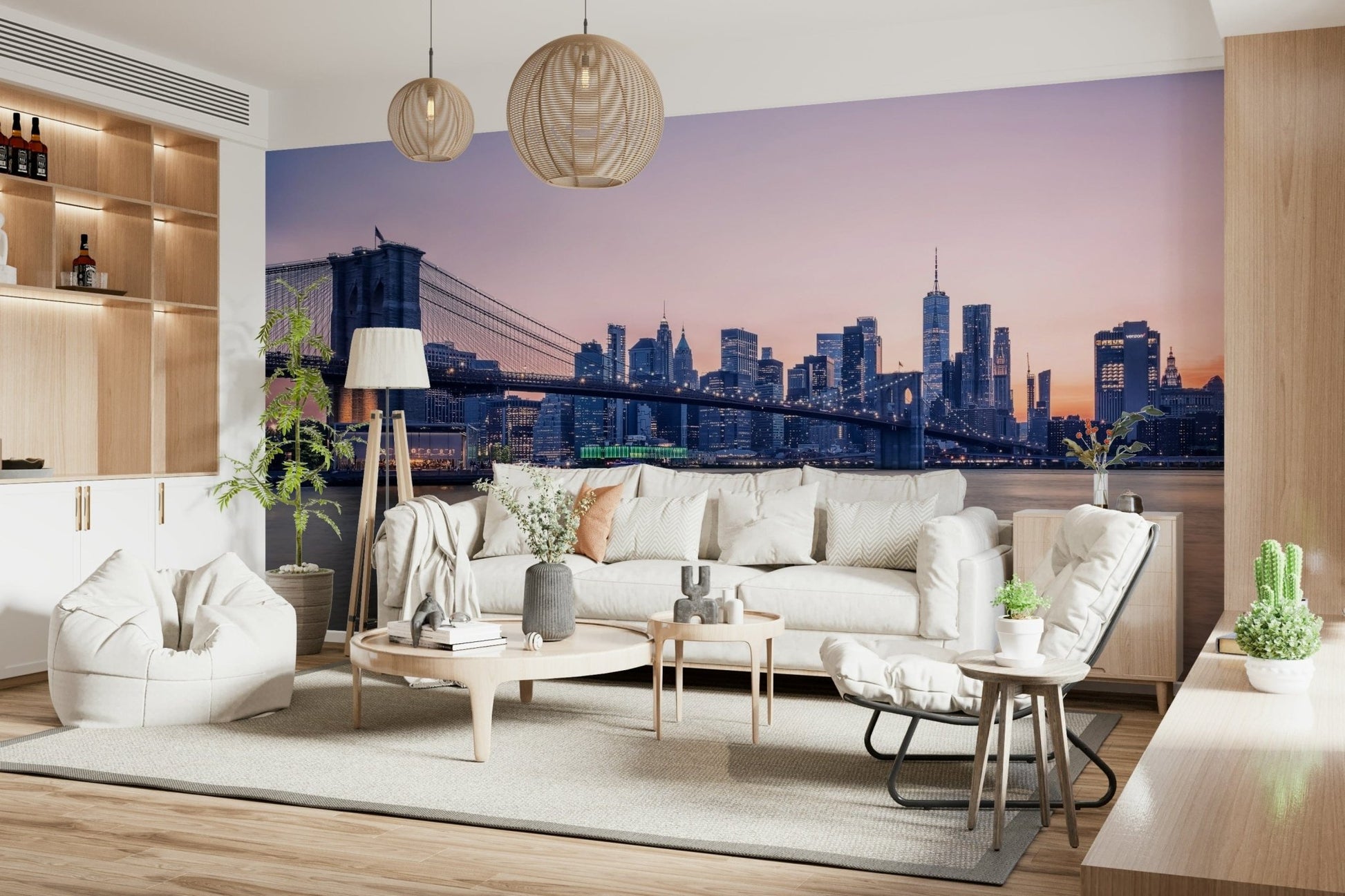 A bright lounge feels richer with NYC Bridge at Dusk Wall Mural and evening city light