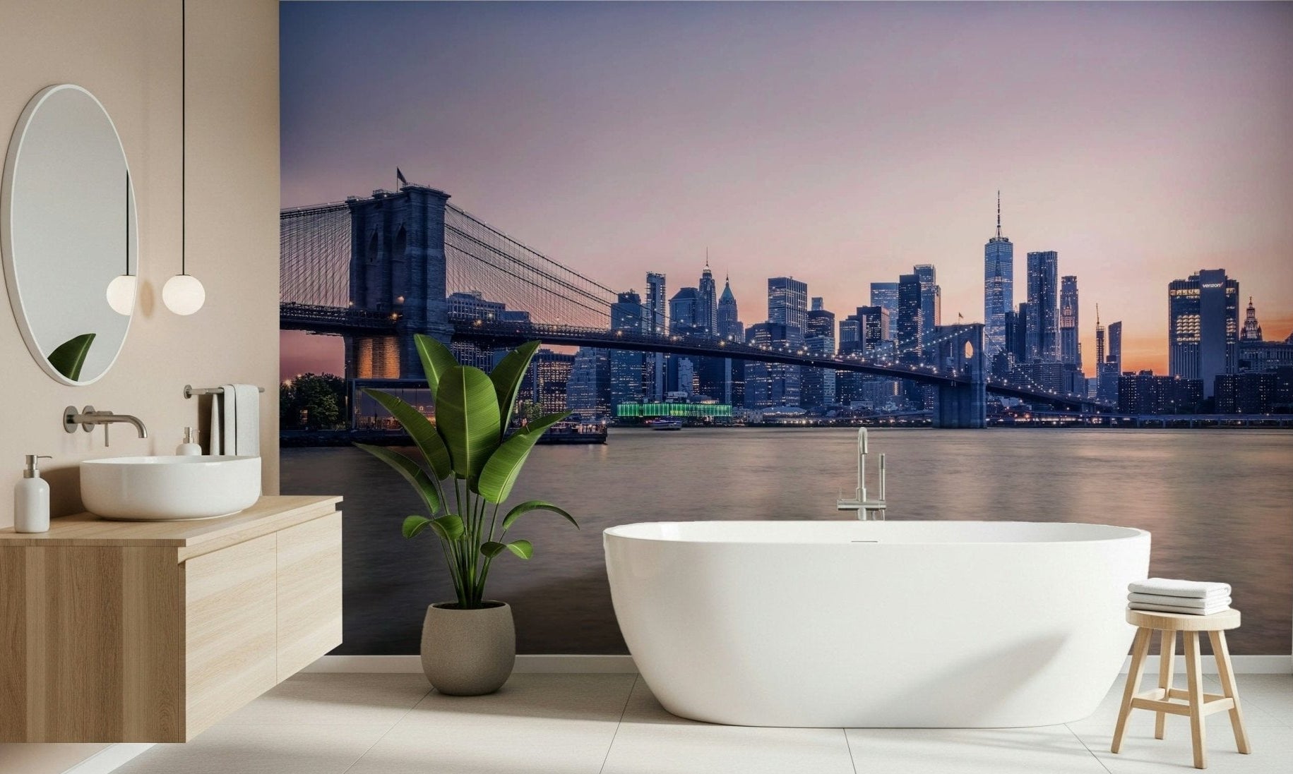 NYC Bridge at Dusk Wall Mural gives this bathroom a calm skyline and waterfront backdrop, GD7918