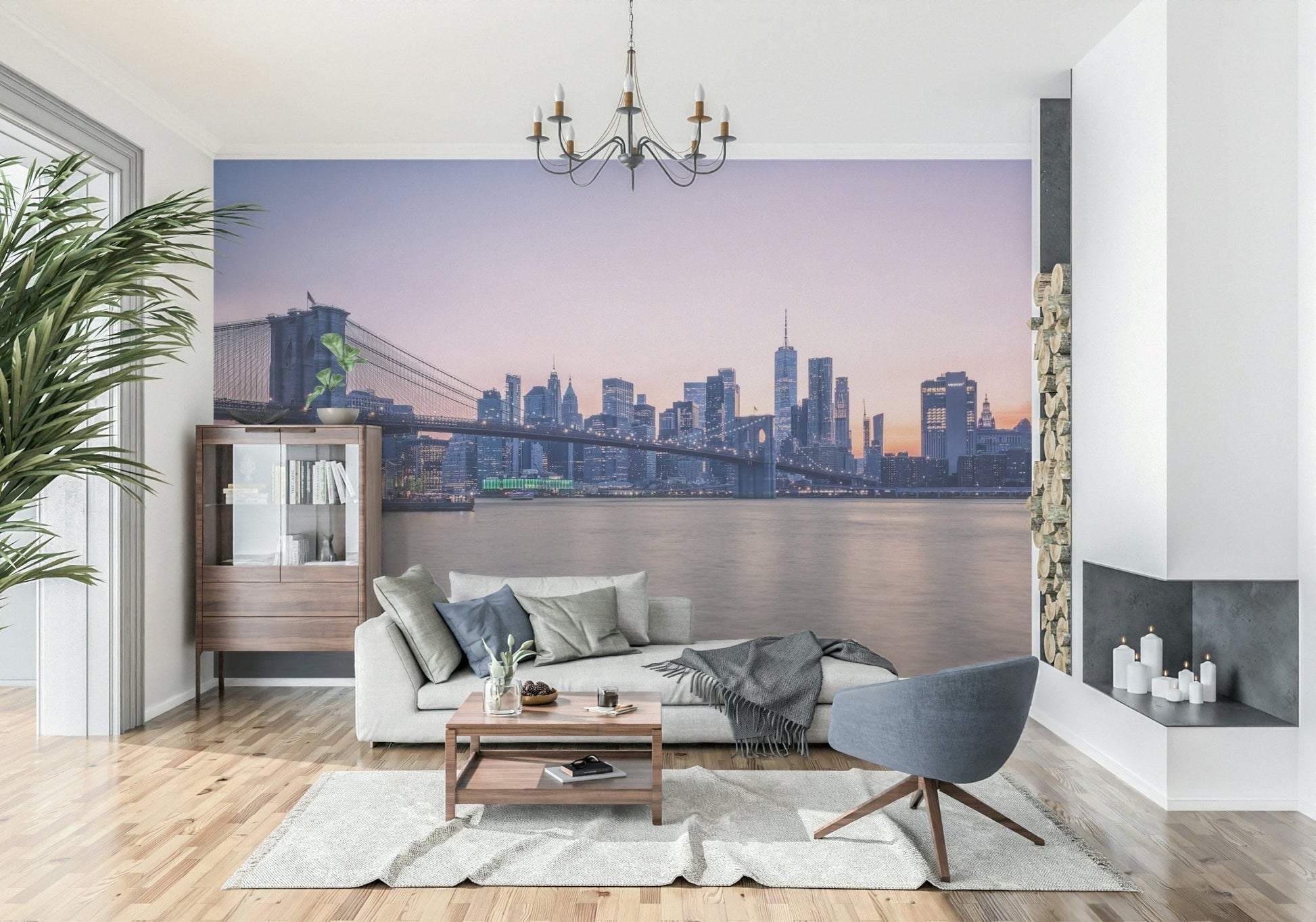 In this airy living room, NYC Bridge at Dusk Wall Mural adds a refined waterfront view