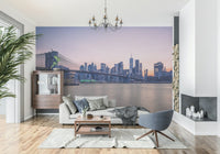 In this airy living room, NYC Bridge at Dusk Wall Mural adds a refined waterfront view