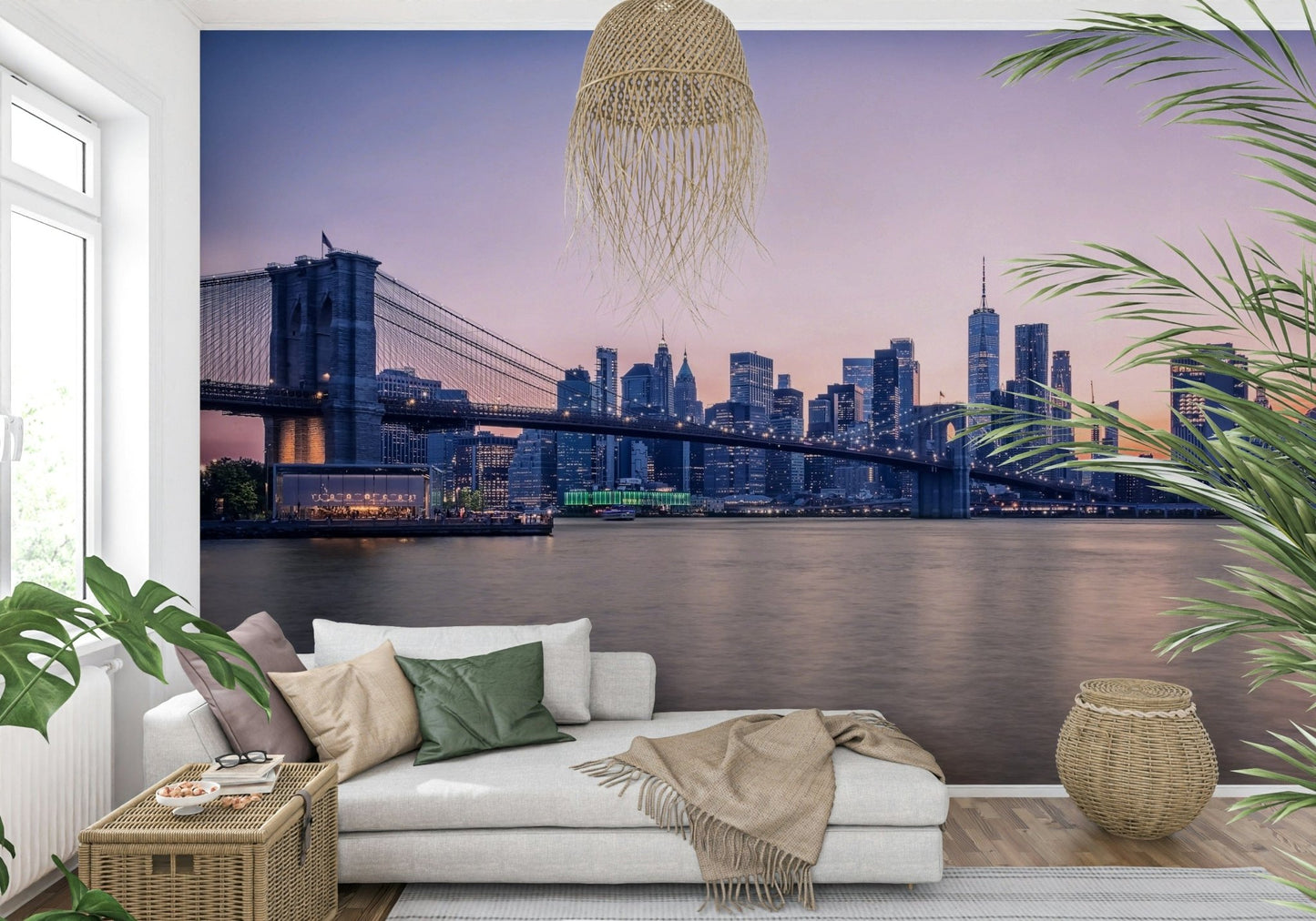 This cozy lounge corner feels more atmospheric with NYC Bridge at Dusk Wall Mural
