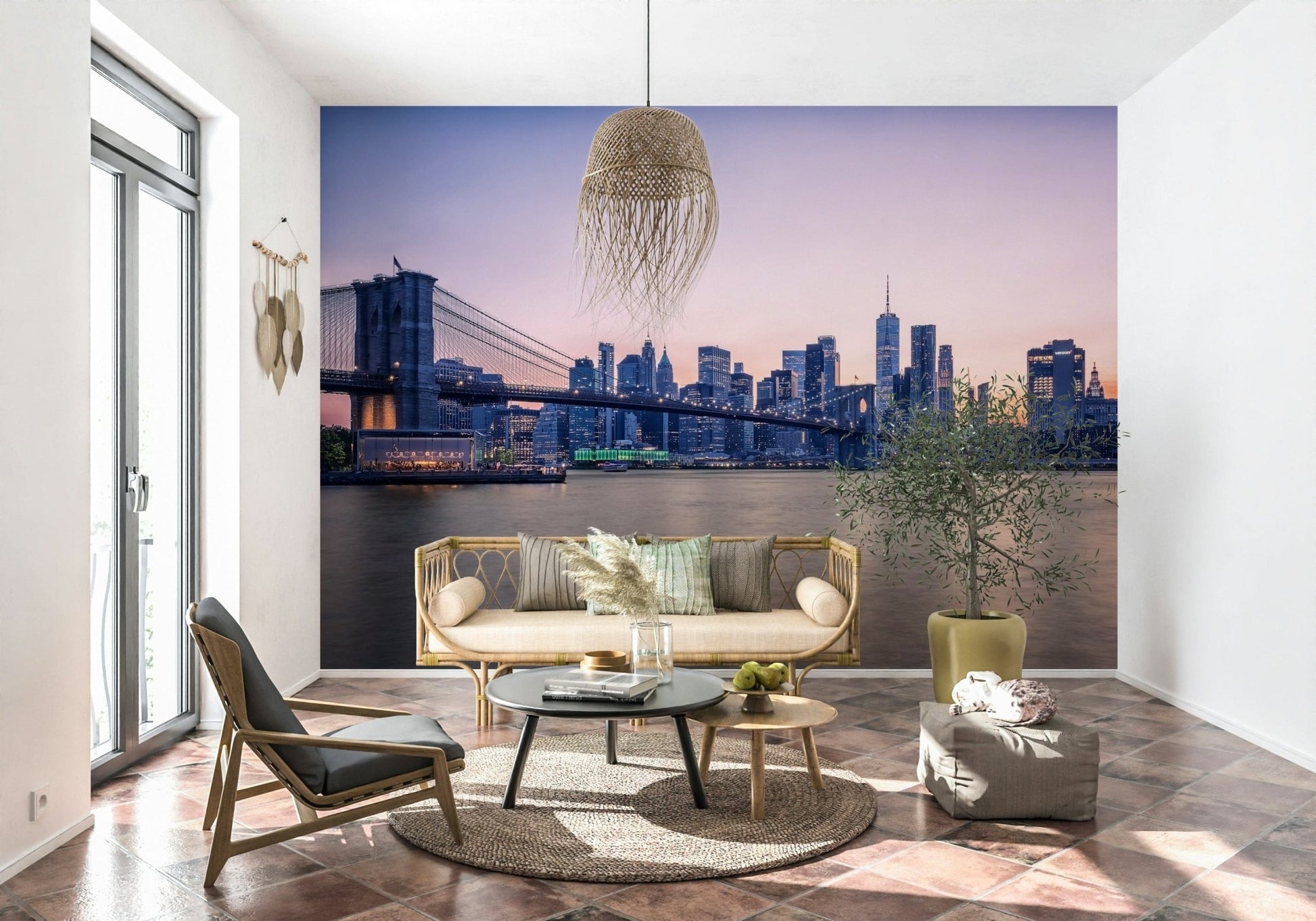 NYC Bridge at Dusk Wall Mural brings dusk-toned city character into this reading space