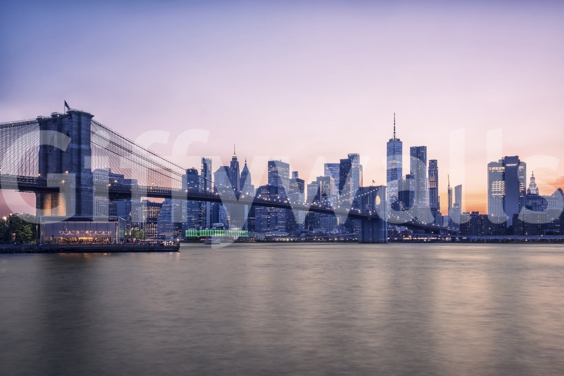 NYC Bridge at Dusk wall mural with skyline lights and calm waterfront evening detail