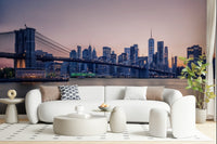 NYC Bridge at Dusk Wall Mural adds soft urban depth to this modern sitting room