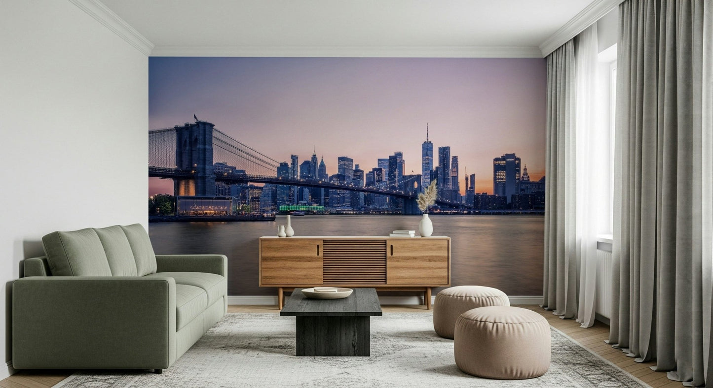 Framed beside long curtains, NYC Bridge at Dusk Wall Mural gives this room urban calm