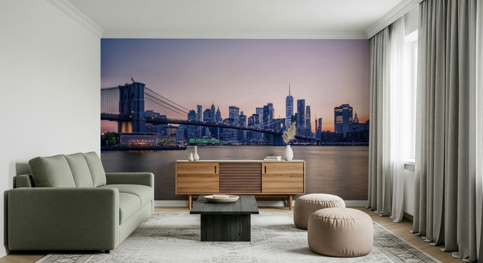 Framed beside long curtains, NYC Bridge at Dusk Wall Mural gives this room urban calm