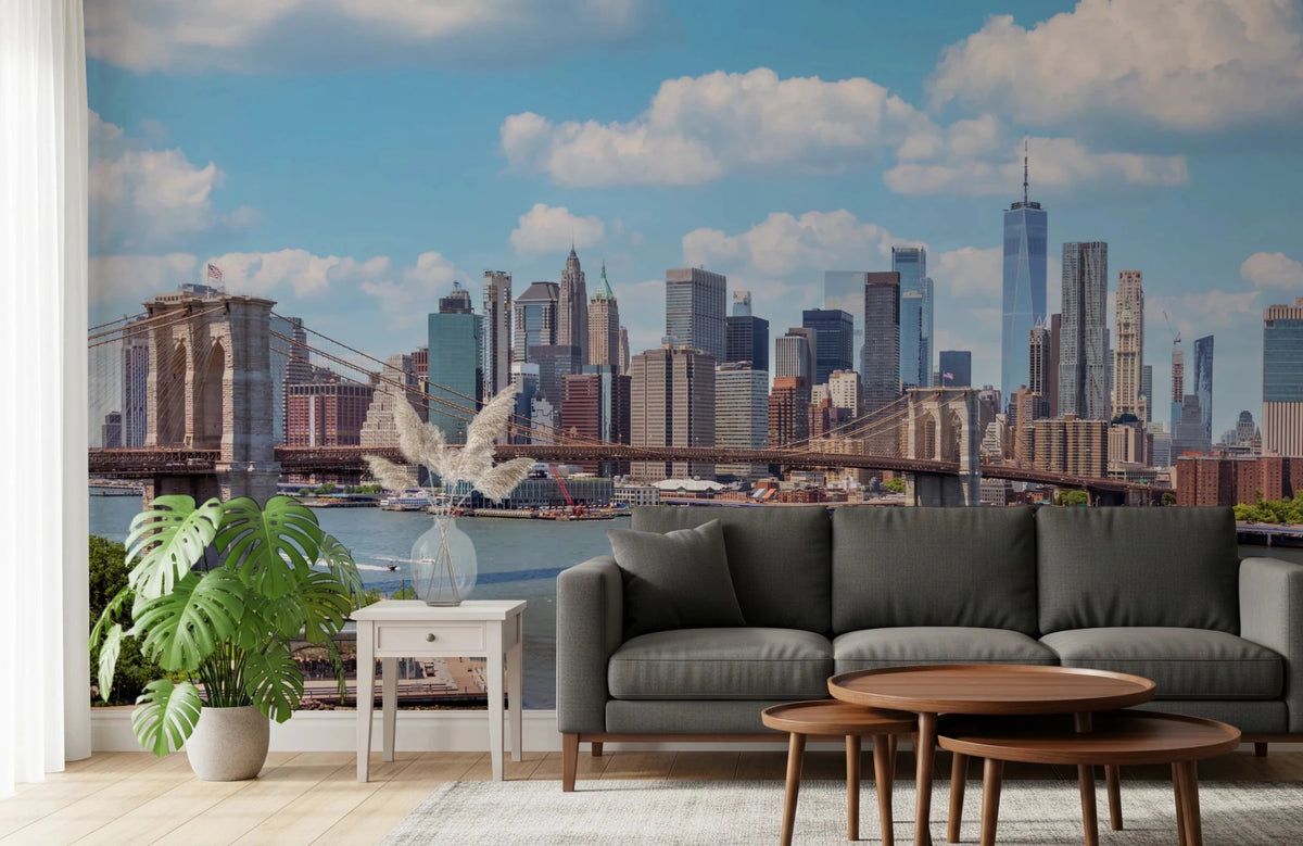 Dark sofa styling pairs naturally with NYC Bridge Vista Wall Mural in this living room, GD8323